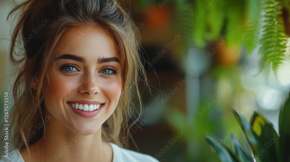 Happy woman smiling, indoor plants background, beauty portrait, website use Happy woman smiling, indoor plants background, beauty portrait, website use
