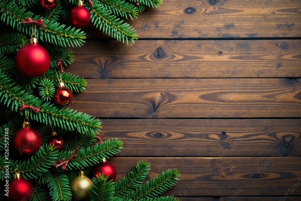 Wooden background with Christmas tree and ornaments, garland, decoration, snowflakes Wooden background with Christmas tree and ornaments, garland, decoration, snowflakes