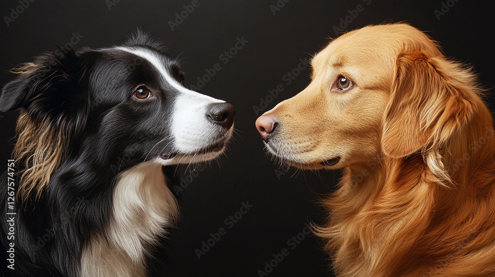 Two dogs, a border collie and a golden retriever, looking face to face to each other. Two dogs, a border collie and a golden retriever, looking face to face to each other.