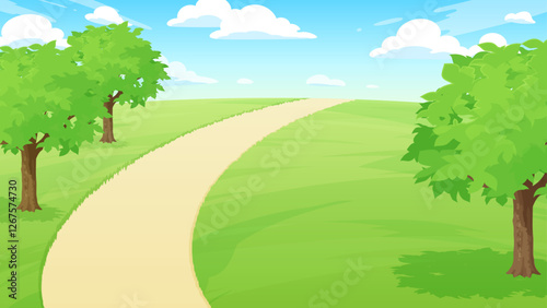 木のある芝生の公園の背景イラスト_16:9