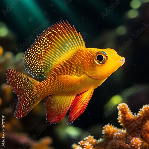 Golden Dottyback Fish Swimming in Sunlit Coral Reef