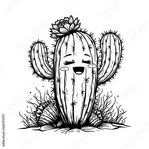 A Cute and Happy Cactus Drawing, Playful Cactus Illustration Spreading Positivity in the Desert, Cartoon Cactus with a Big Personality