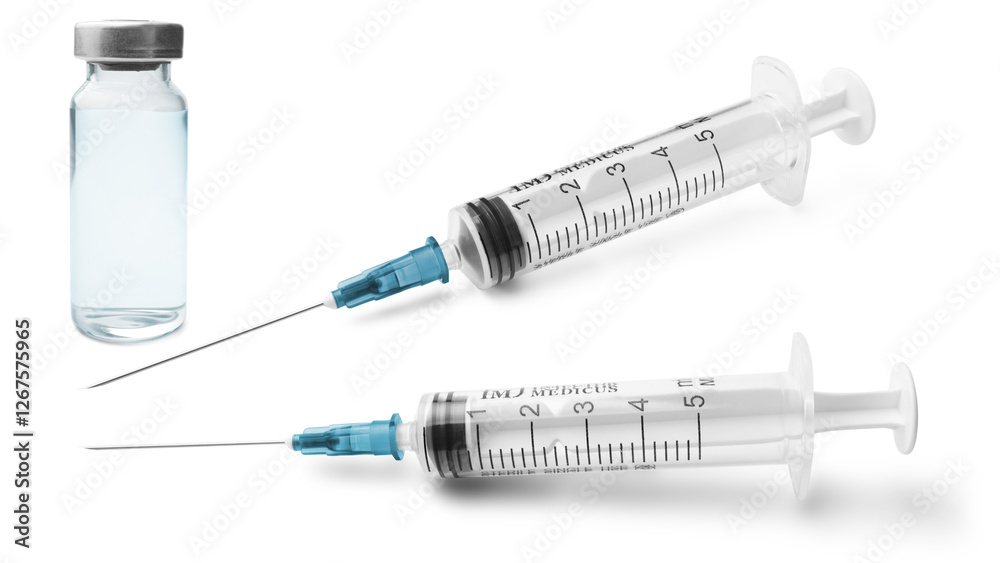 Medical syringes and glass vial with a metal cap filled with liquid medication or vaccine, antibiotic ampoule isolated on a transparent background Medical syringes and glass vial with a metal cap filled with liquid medication or vaccine, antibiotic ampoule isolated on a transparent background
