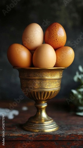 Speckled Brown Eggs in Golden Chalice Still Life Food Photography photo