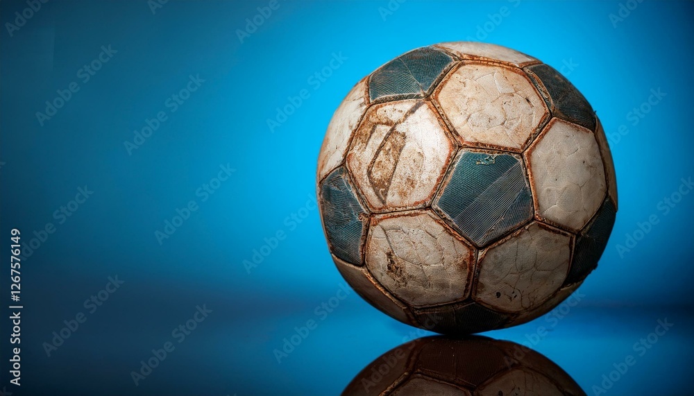 Fototapeta premium Old Soccer ball in on blue background. Generated image