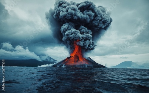 Volcano eruption with ash clouds seen from the sea   art 1610 aspect ratio photo