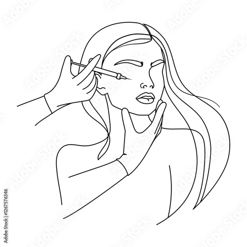 Woman receiving a facial injection in a minimalist line art style, ideal for skincare clinics, cosmetic treatments, and anti-aging advertisements, logo. Beauty treatments concept. Vector illustration