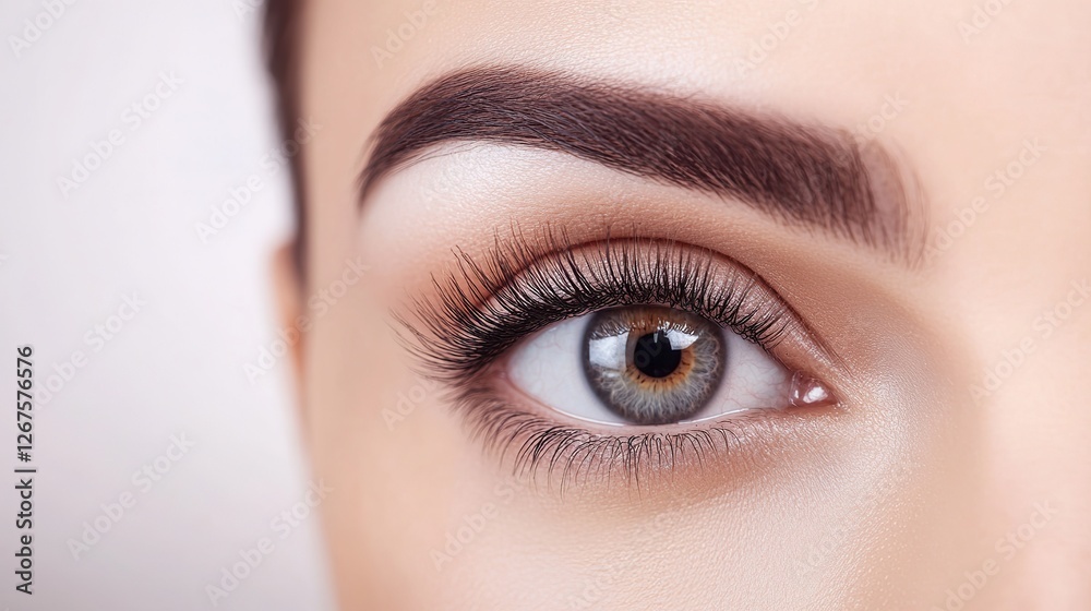 Close-up Portrait of a Female Model’s Eye with Long Eyelashes on White Background, Beauty Salon Spa Treatment, Hairdressing Studio Concept Close-up Portrait of a Female Model’s Eye with Long Eyelashes on White Background, Beauty Salon Spa Treatment, Hairdressing Studio Concept