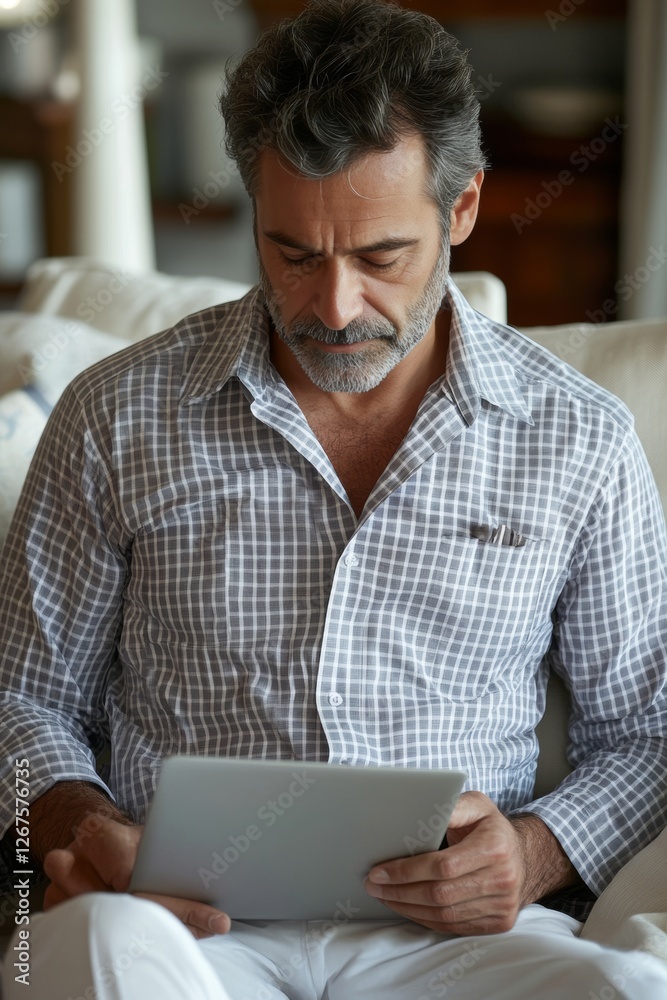 Handsome Mature Man Browsing the Internet on Digital Tablet, Home Interior, Casual Lifestyle Handsome Mature Man Browsing the Internet on Digital Tablet, Home Interior, Casual Lifestyle