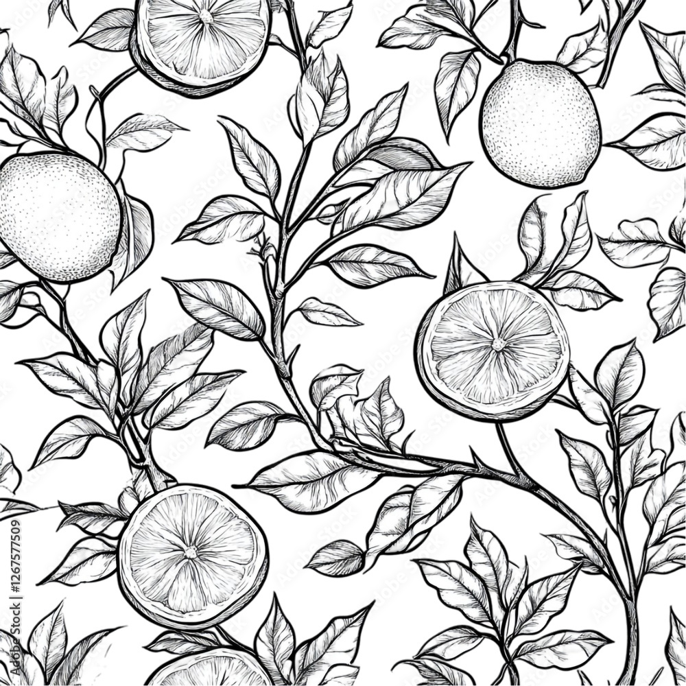 Elegant citrus branch sketch seamless pattern fresh juicy lemons leaves botanical illustration Elegant citrus branch sketch seamless pattern fresh juicy lemons leaves botanical illustration