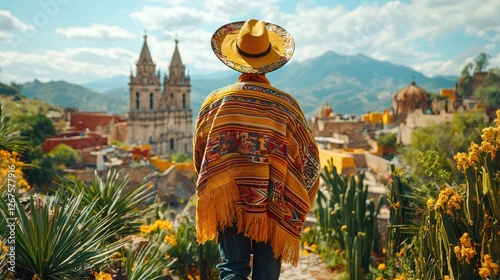 Tourist in poncho admires colonial town vista