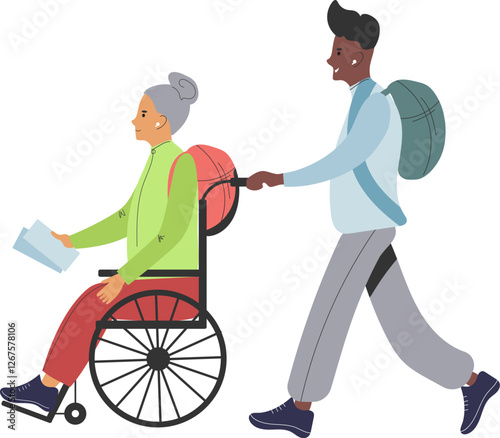 Png Traveler character person in  wheelchair with  suitcase isolated on transparent background.  cartoon tourist with disabilities. Disabled Travel concept. Flat Vector Illustration