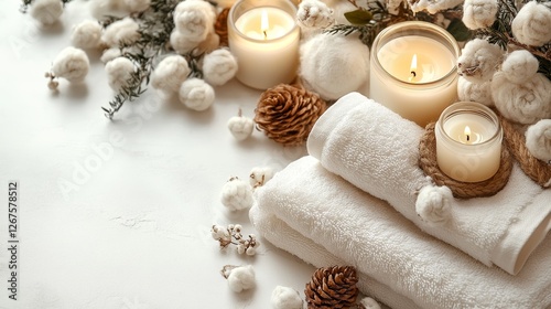 Serene Spa Setting: Soft Towels, Candles, and Cotton Blooms