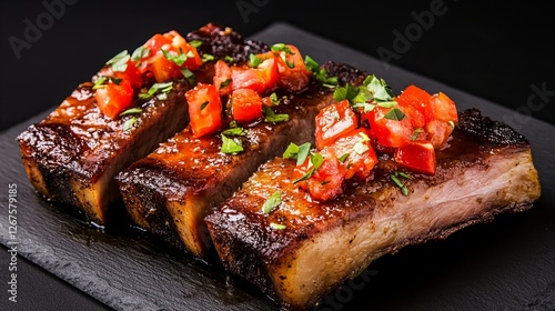 Succulent grilled pork ribs, seasoned with a vibrant tomato salsa, make a delicious and visually appealing dish.
