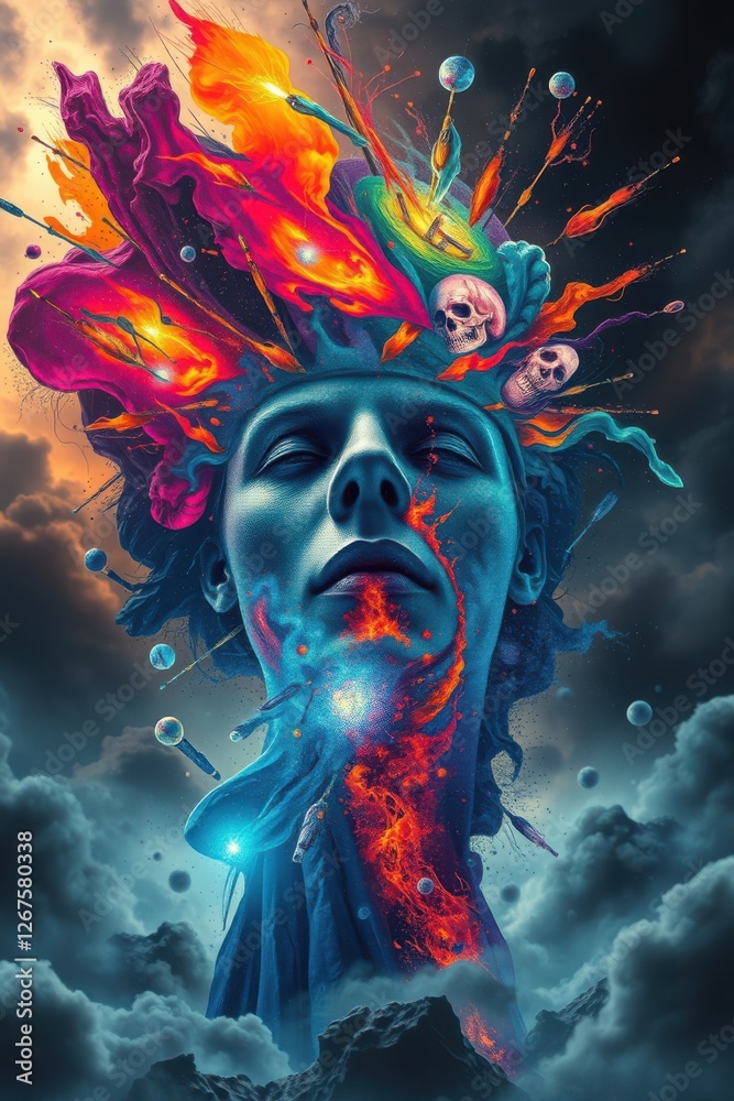 Mindscape: Surreal portrait of a woman with vivid thoughts and symbolic representations of mortality.