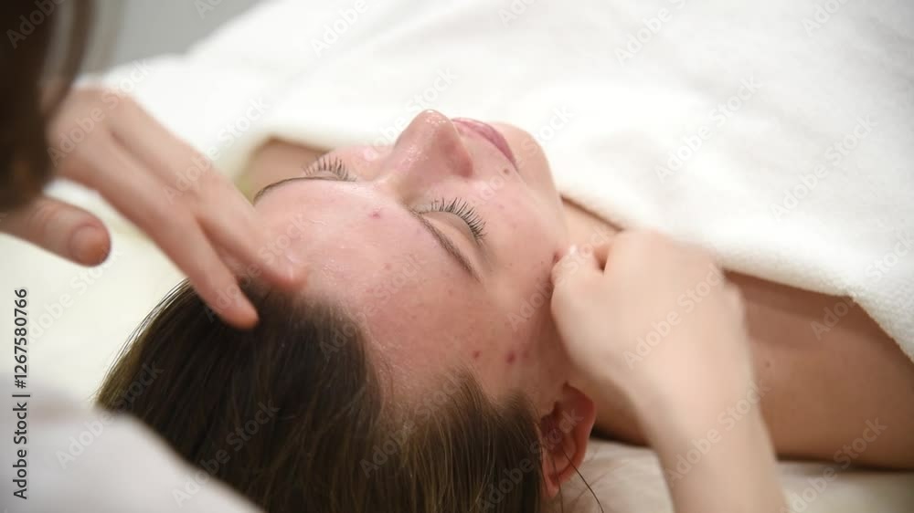 face massage, young attractive caucasian woman, beautiful relaxed lady with problem skin and red inflammations, white towel, spa therapist doing facial massage in beauty salon, skincare concept face massage, young attractive caucasian woman, beautiful relaxed lady with problem skin and red inflammations, white towel, spa therapist doing facial massage in beauty salon, skincare concept