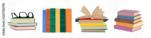 Stacks of books for reading, pile of textbooks for education, books standing vertical. Set of literature, dictionaries, encyclopedias. Colored flat vector illustration on transparent background.