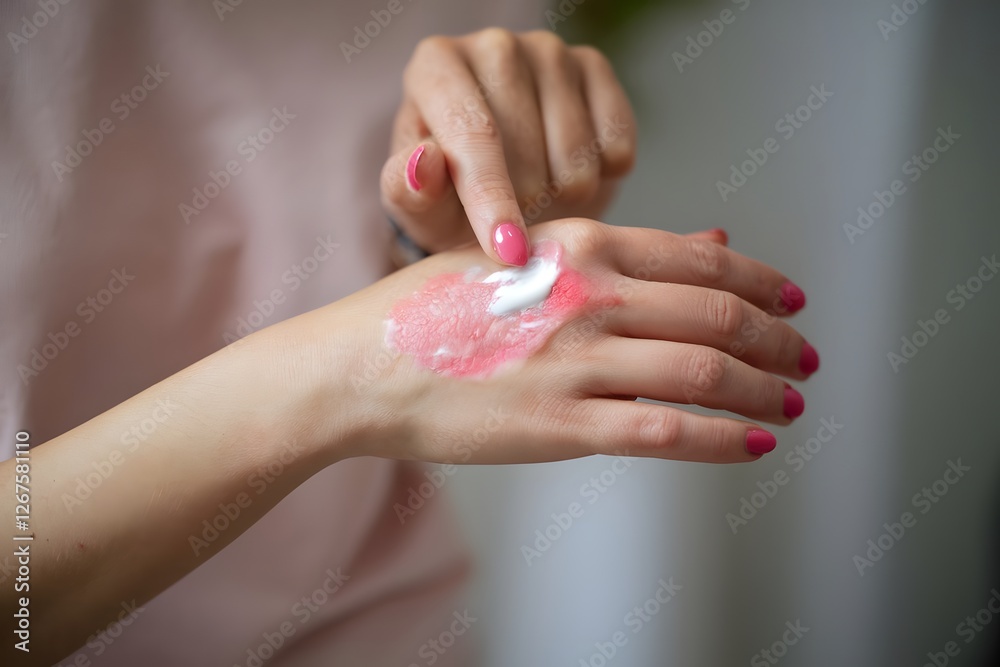 Applying skincare cream to a red irritated hand Applying skincare cream to a red irritated hand