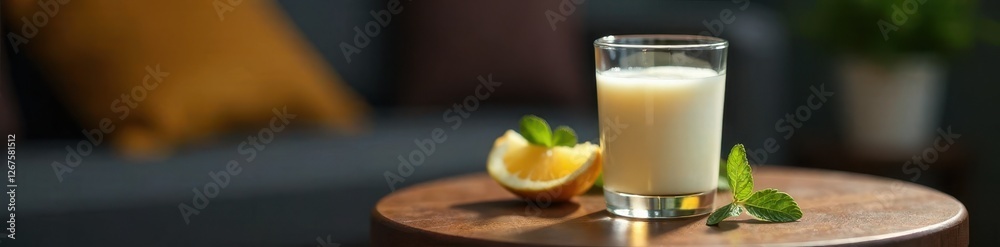 Glass of kefir on coffee table with dim lighting and subtle shadows, glass, kefir Glass of kefir on coffee table with dim lighting and subtle shadows, glass, kefir