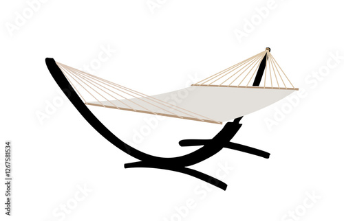 Beige fabric hammock hanged on metal frame. Equipment for relax, sleep, patio furniture element. Decorative comfortable facility for leisure, resting. Vector illustration isolated