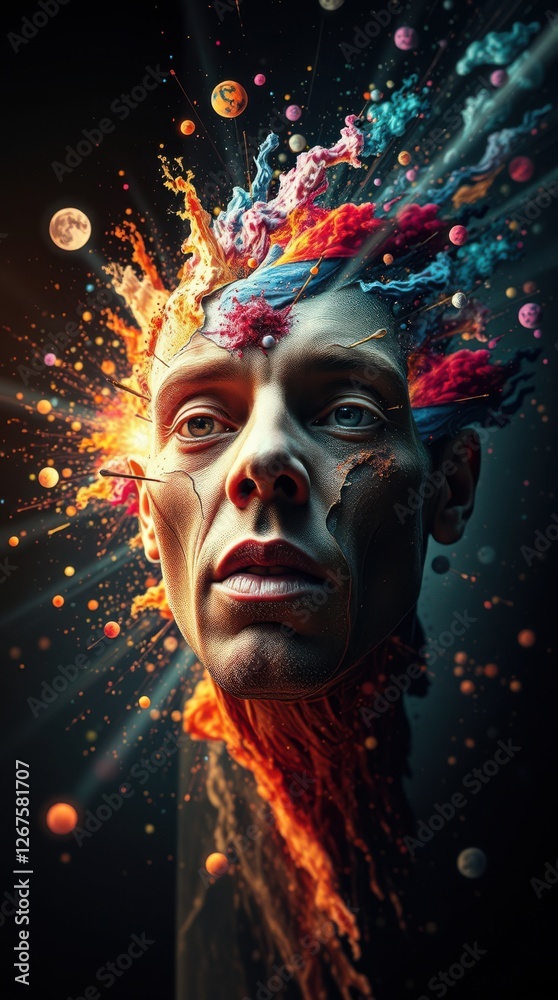 Surreal portrait of a person surrounded by cosmic elements and vibrant abstract designs. Surreal portrait of a person surrounded by cosmic elements and vibrant abstract designs.