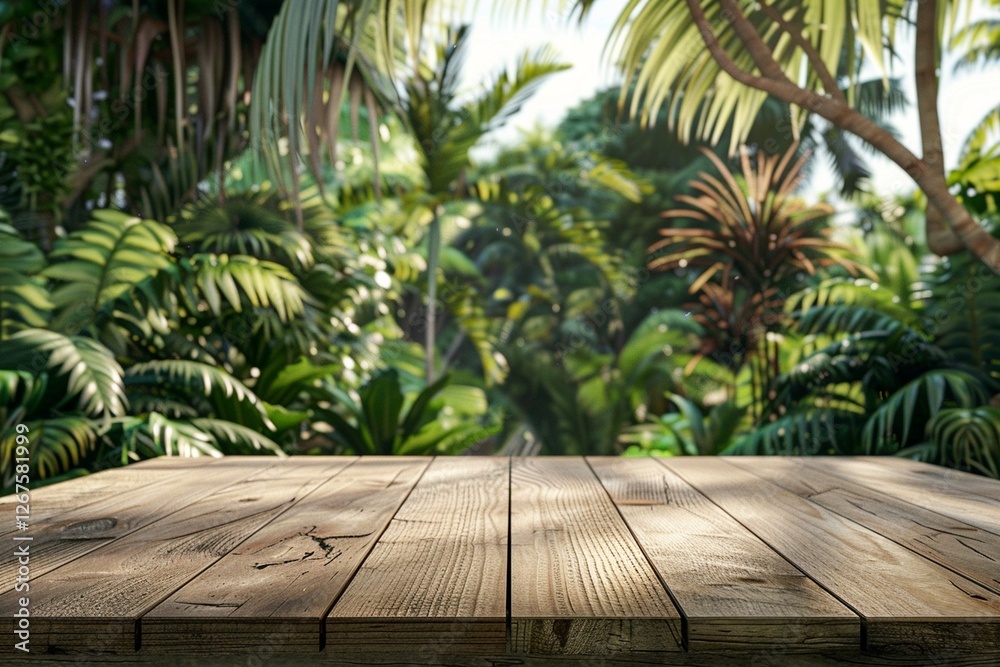 3D wooden table with a tropical forest or garden background for product placement 3D wooden table with a tropical forest or garden background for product placement