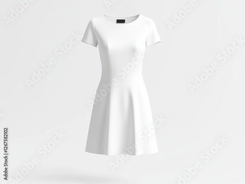 Women's Dress Mockup. A simple, elegant white dress with a fitted waist and short sleeves, displayed against a plain background. photo