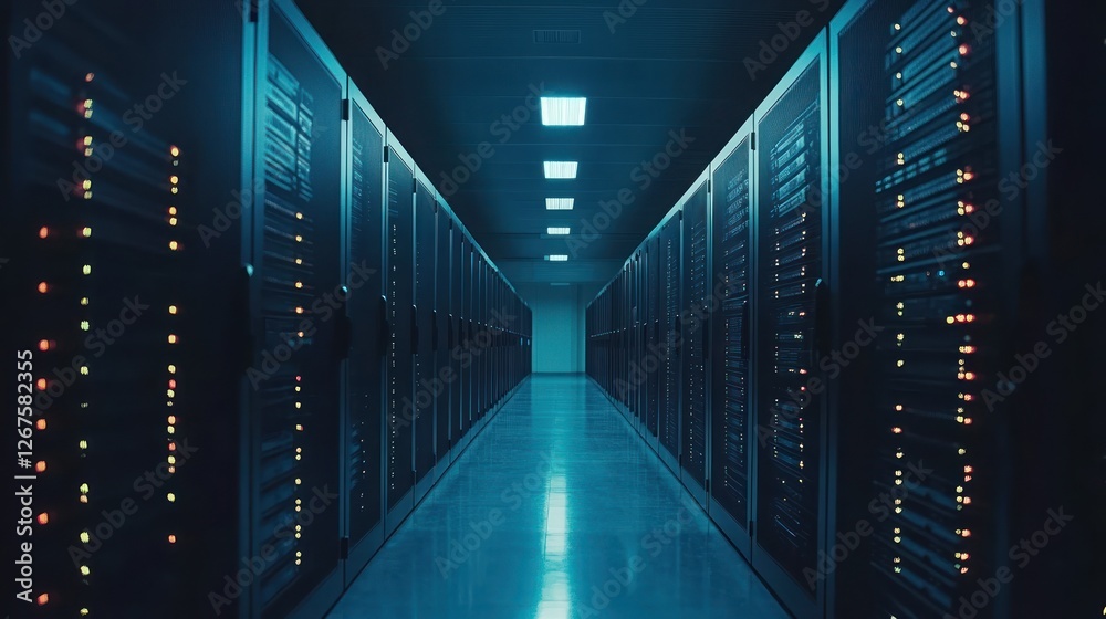 Obraz premium Server room corridor, data center, network, technology, blue light, digital infrastructure, IT, storage, for tech websites
