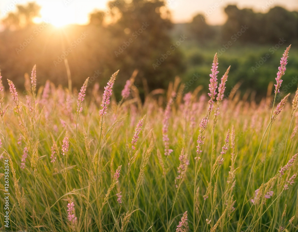 Close up colorful flower grass and sunset background. landscape in the meadow, The idea of World environment day and green. Close up colorful flower grass and sunset background. landscape in the meadow, The idea of World environment day and green.