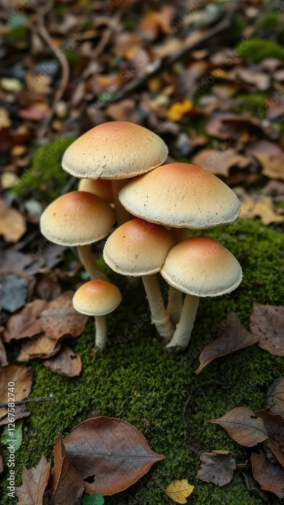 Edulis mushrooms with caps on a forest floor covered in fallen leaves and moss, earthy, fungi Edulis mushrooms with caps on a forest floor covered in fallen leaves and moss, earthy, fungi