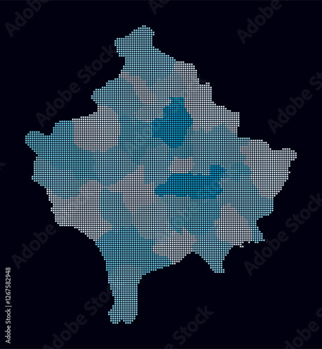 Kosovo dotted map. Digital style map of the country on a dark background. Kosovo shape with square dots. Colored dots style. Small size squares. Creative vector illustration.