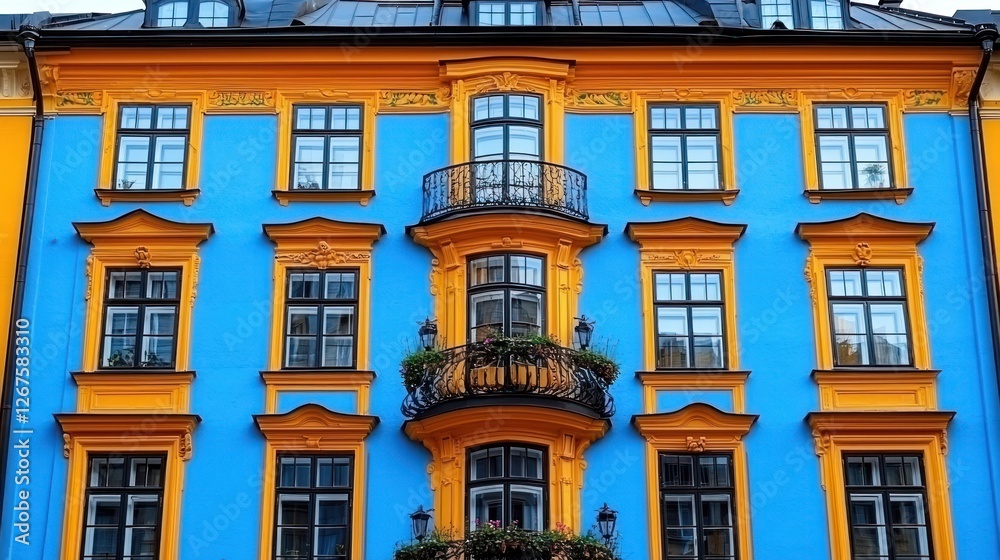 Obraz premium Colorful European building facade, city street background, architectural detail, real estate