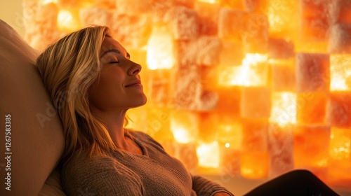 Woman relaxes in salt cave therapy session photo