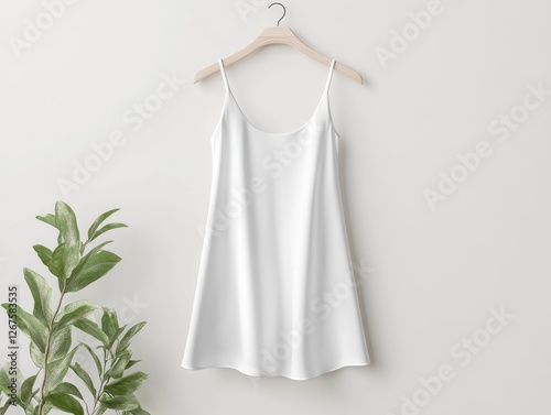 Women's Dress Mockup. A simple white camisole hangs on a wooden hanger against a light wall, complemented by a green plant in the foreground.