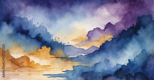 Watercolor landscape with purple and blue colors depicting mountains and sunset reflections