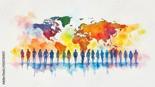 Fototapeta Naklejka Na Ścianę i Meble -  Global teamwork, diverse people, world map, watercolor background, collaboration