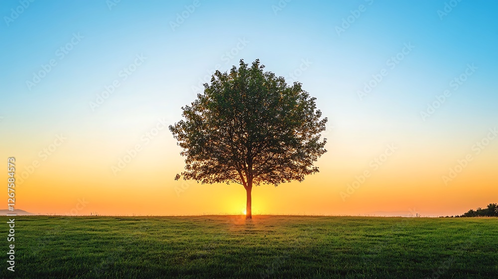 Obraz premium Solitary Tree Silhouetted Against a Vibrant Sunset Sky