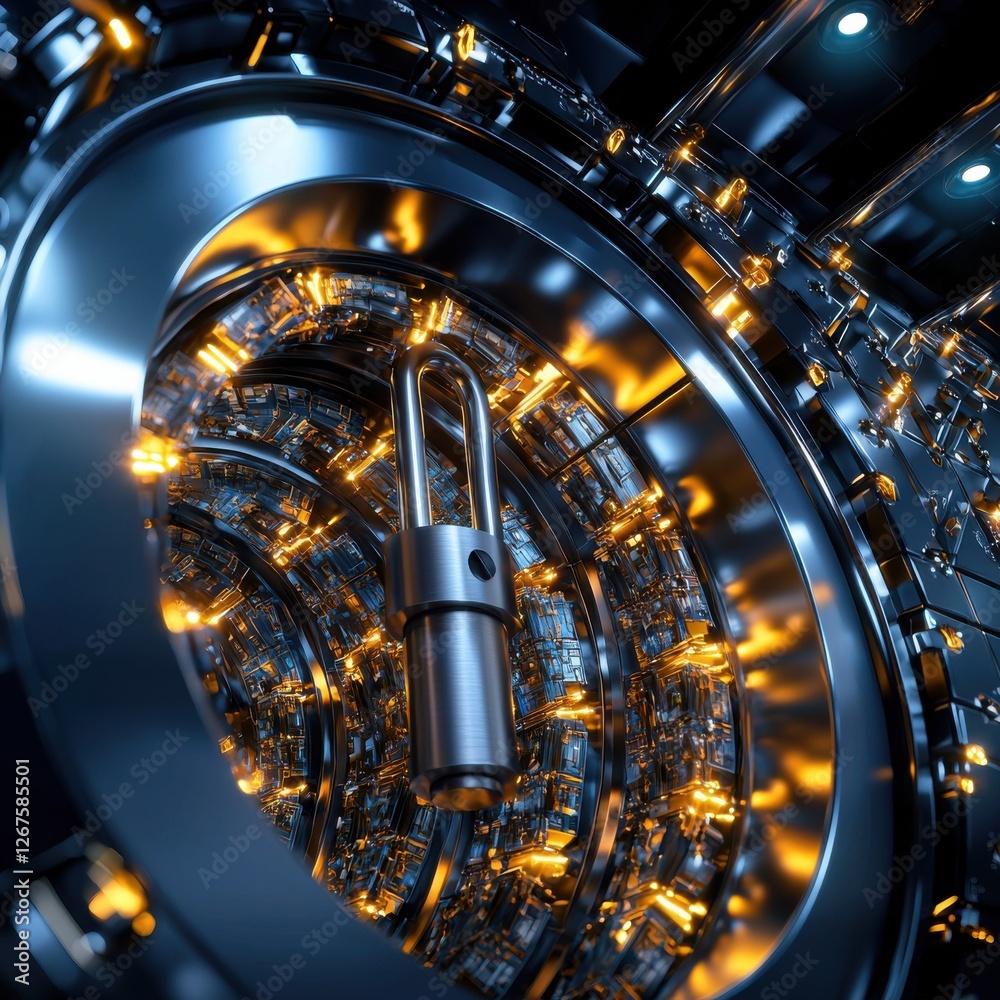 A close-up of a futuristic lock mechanism featuring illuminated components, showcasing a sleek metallic design and intricate details. A close-up of a futuristic lock mechanism featuring illuminated components, showcasing a sleek metallic design and intricate details.