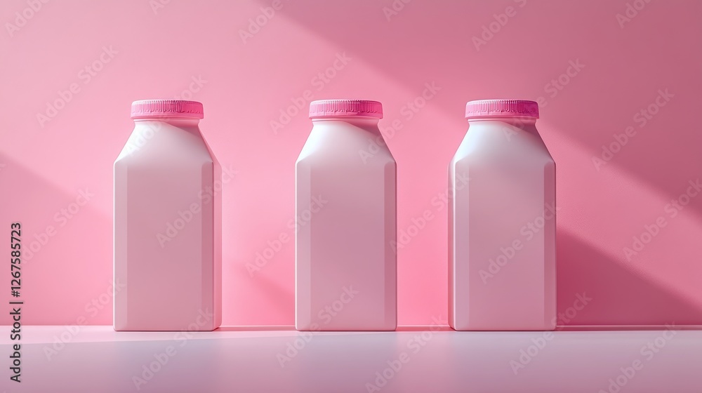 Three Pink Milk Bottles in Soft Light Minimalist Product Photography
