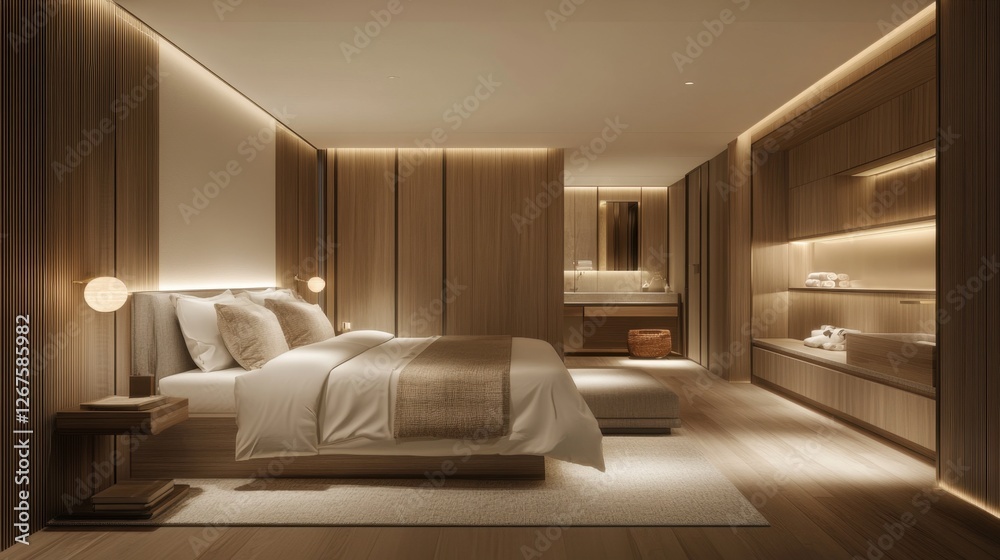 Fototapeta premium A high-end boutique hotel room featuring warm wood accents, soft neutral tones, and elegant lighting.