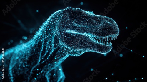 Digital T-Rex, glowing particles, dark background, futuristic concept, science