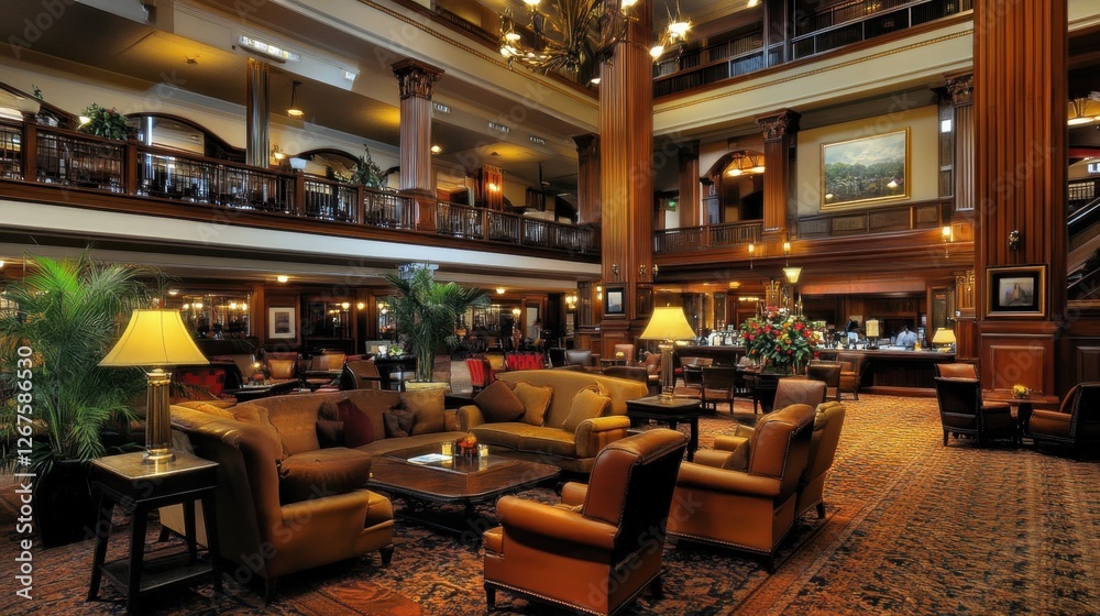 A high-end hotel lobby featuring open space, elegant architecture, and warm golden lighting.