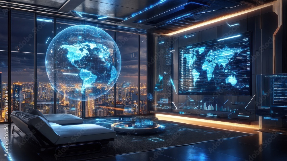 Naklejka premium Futuristic Smart Home with Global Network Visualization