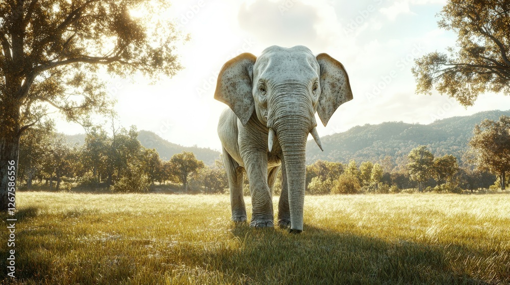 Fototapeta premium Majestic elephant stands gracefully in a sunlit meadow