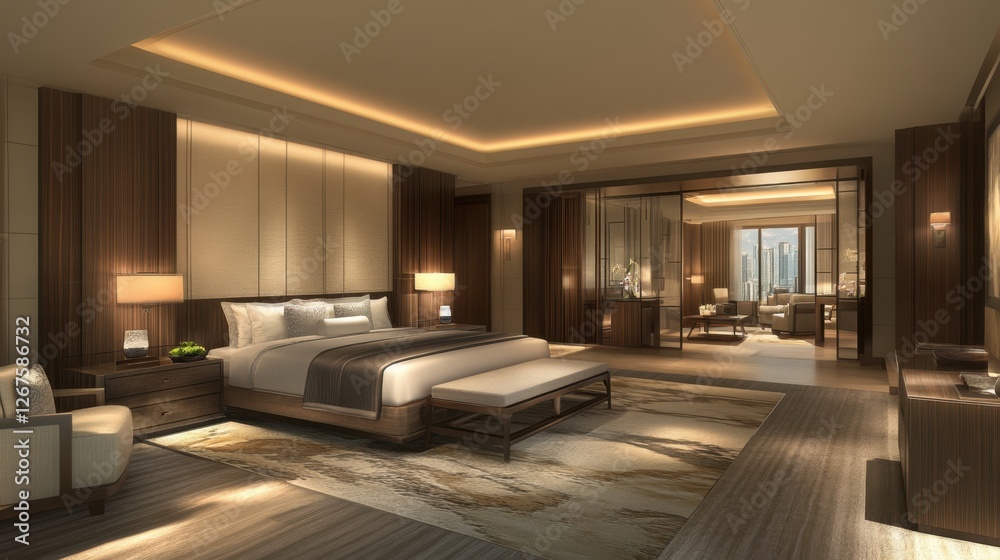 Fototapeta premium A high-end hotel suite with a spacious bed, stylish furnishings, and contemporary lighting.