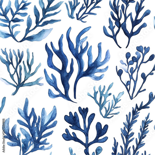Serene Watercolor Seaweed Pattern Tranquil Blue Ocean Flora Design