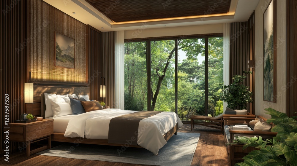 Fototapeta premium A high-end spa resort hotel room featuring plush bedding, natural wood decor, and a peaceful atmosphere.
