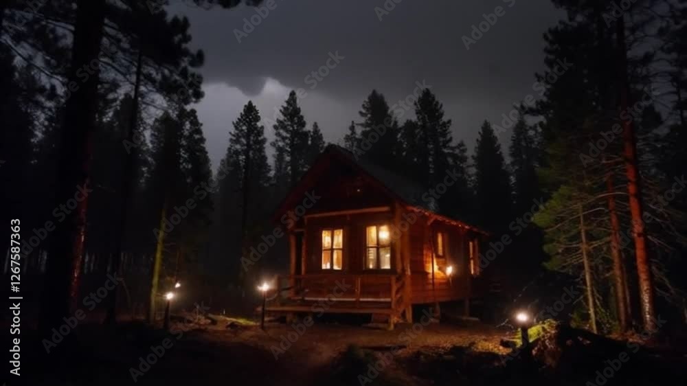 Wooden cabin in forest with lit windows at night Wooden cabin in forest with lit windows at night