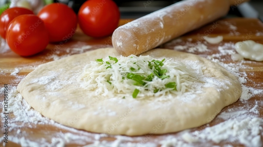 Pizza dough flour thin concept. A freshly rolled out dough on a wooden surface, garnished with cheese and green vegetables, surrounded by ripe tomatoes and a rolling pin. Pizza dough flour thin concept. A freshly rolled out dough on a wooden surface, garnished with cheese and green vegetables, surrounded by ripe tomatoes and a rolling pin.