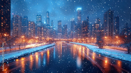 Snowy Chicago Cityscape at Night: A Winter Wonderland
